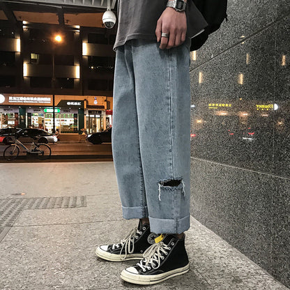 Loose Korean Version Of Nine Split Straight Tube Ripped Jeans
