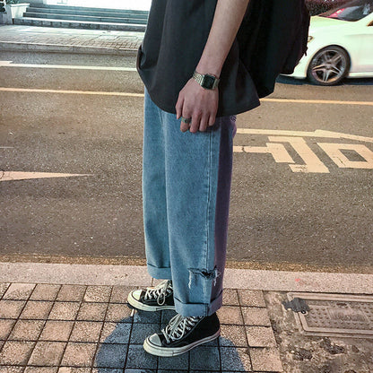 Loose Korean Version Of Nine Split Straight Tube Ripped Jeans