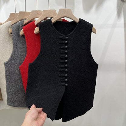 Knitted Vest Western Style Minimalist Sleeveless Chinese Knot Button Top