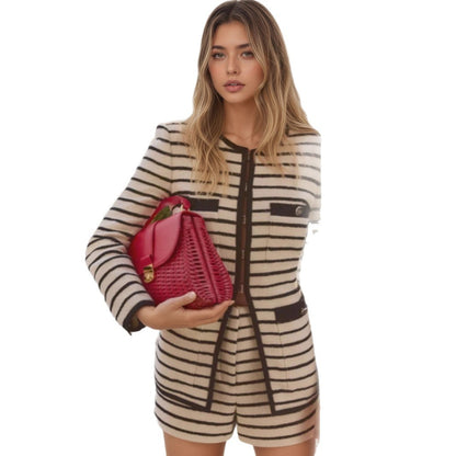 Black And White Striped Round Neck Multi-pocket Fashionable Coat