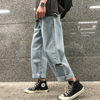 Loose Korean Version Of Nine Split Straight Tube Ripped Jeans