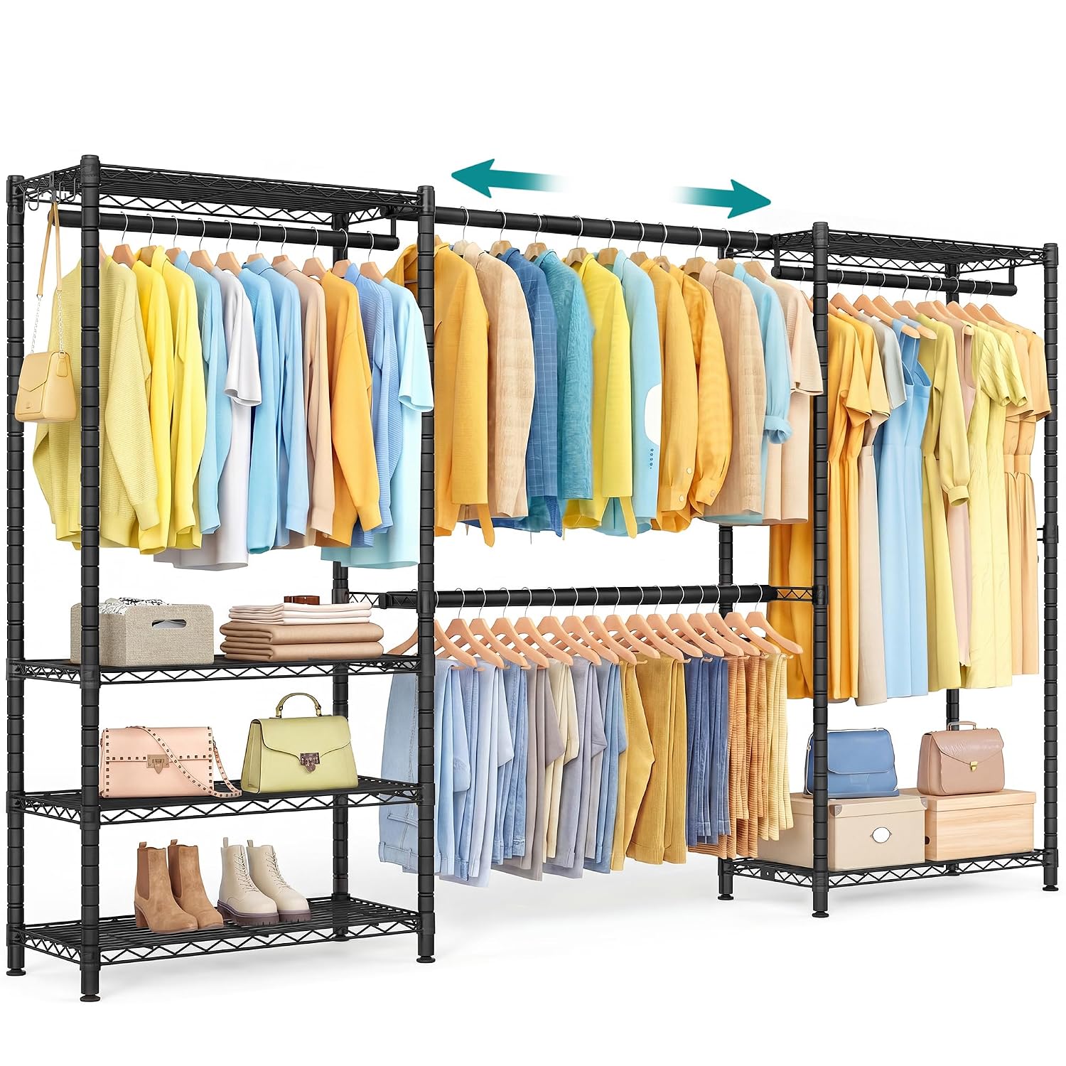 SONGMICS Heavy-Duty Clothes Rack, Extendable Garment Rack, Portable Closet with Adjustable Mesh Shelves and Hanging Rails, Hooks, 15.8 x 69.7-86.6 x 76.4 Inches, Ink Black ULGR438BH01S