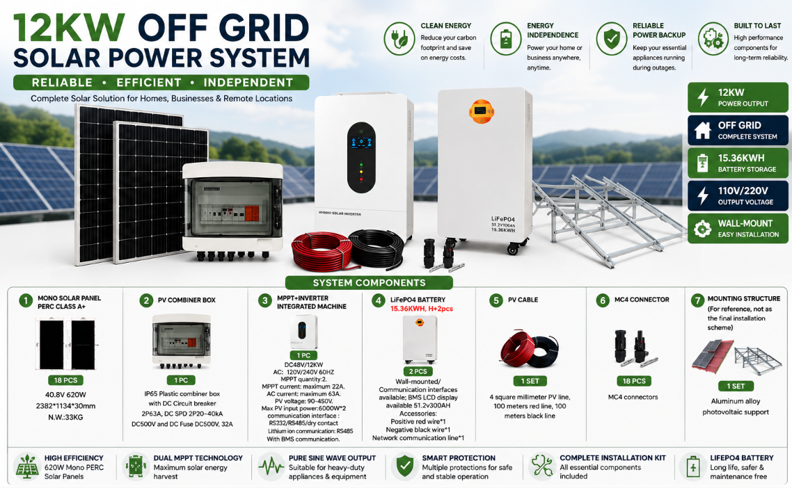 12KW Off Grid Solar System – Wall-Mount 110V/220V (2-Battery)