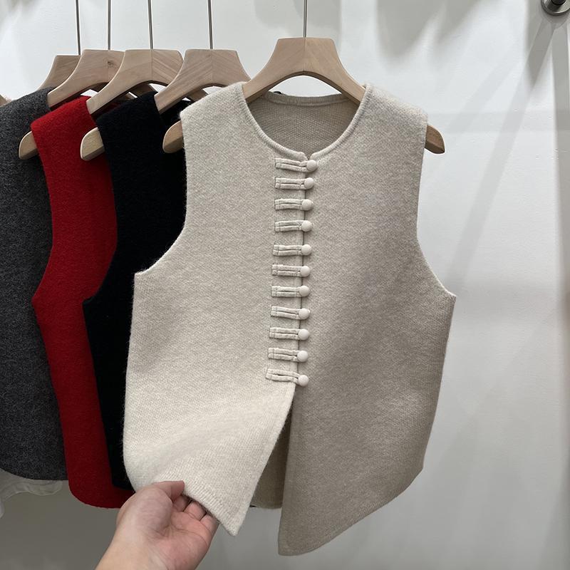 Knitted Vest Western Style Minimalist Sleeveless Chinese Knot Button Top
